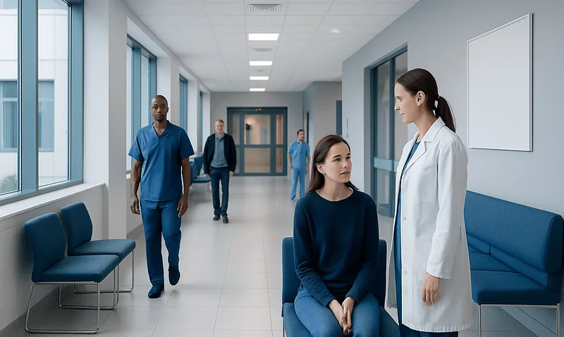 Medical consultation in hospital corridor with healthcare professionals and patient.