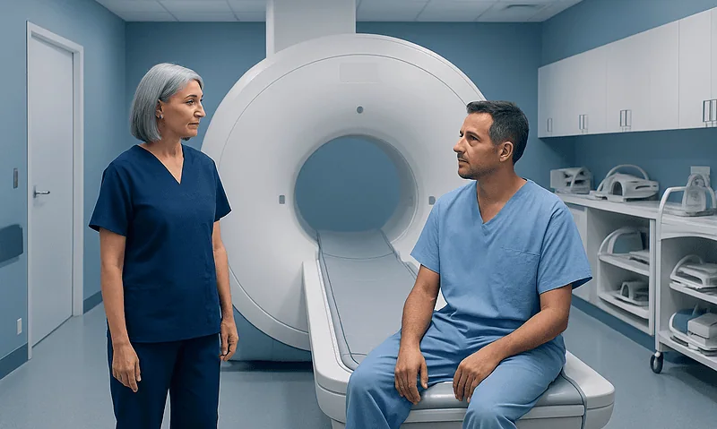 Patient preparing for MRI scan in a modern hospital room.