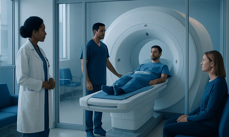 Patient undergoing MRI brain scan in a medical facility with healthcare professionals present.