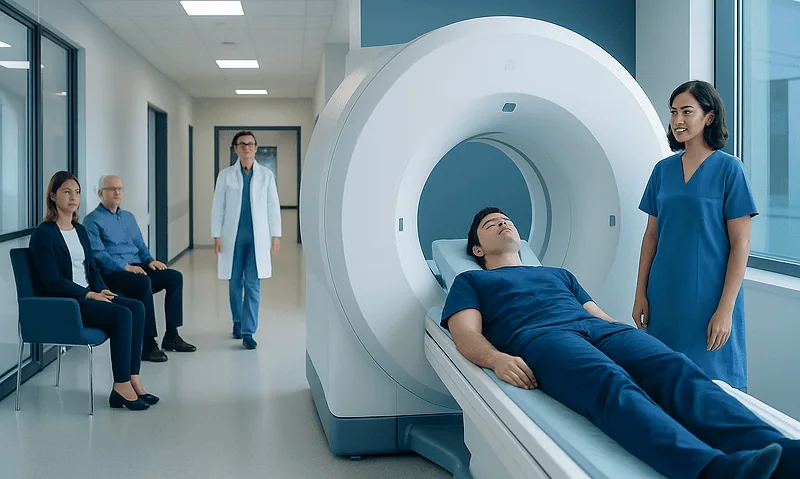 Patient undergoing MRI scan in a hospital corridor with medical staff present.