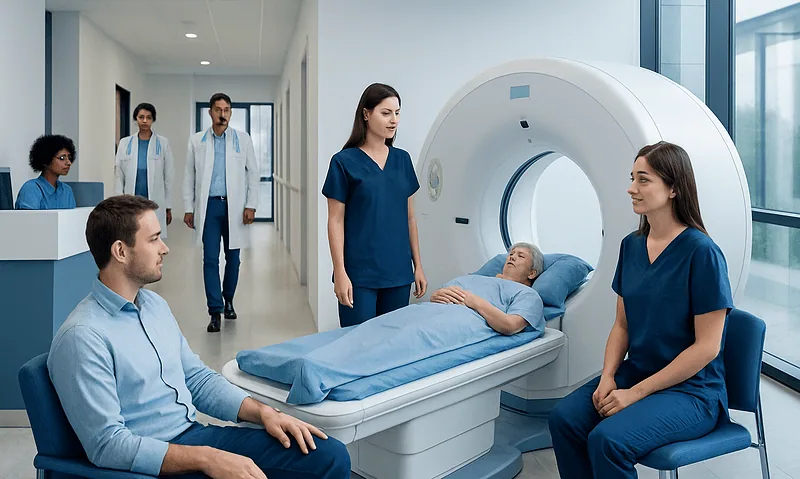 Patient undergoing MRI scan in a hospital with medical staff present.