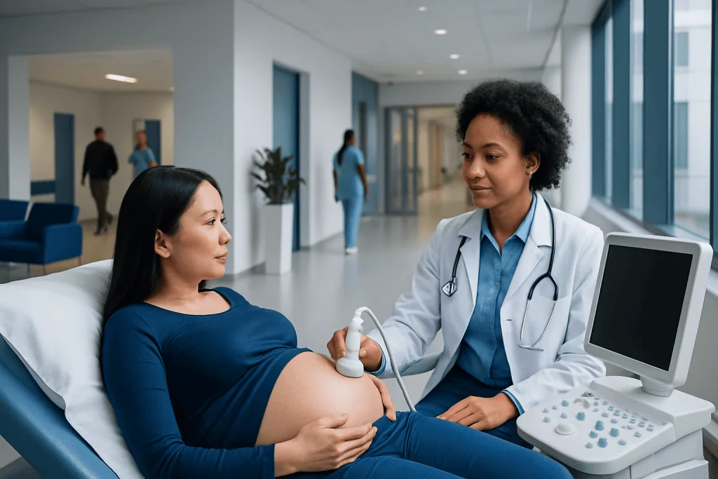 Ntd Ultrasound: Preparation, Procedure and Results 1 Pregnant woman undergoing ultrasound scan at hospital.