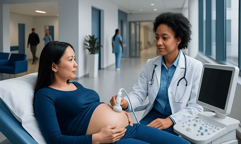 Pregnant woman undergoing ultrasound scan at hospital.