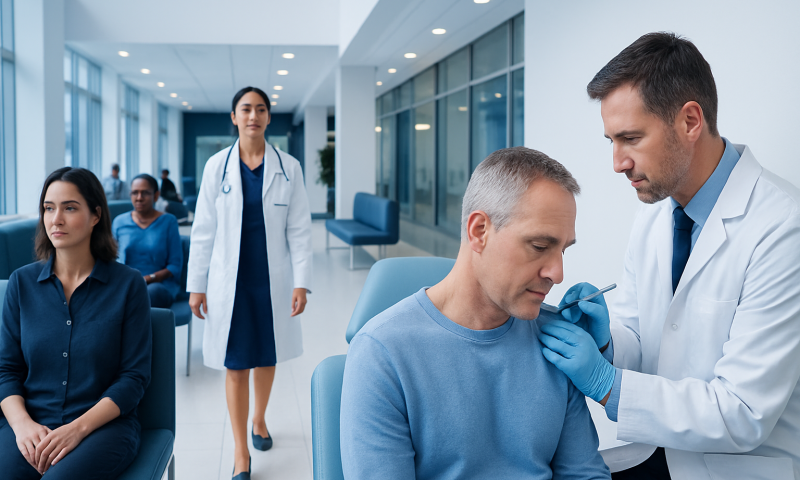 Doctor administering occipital nerve block to patient in hospital setting.
