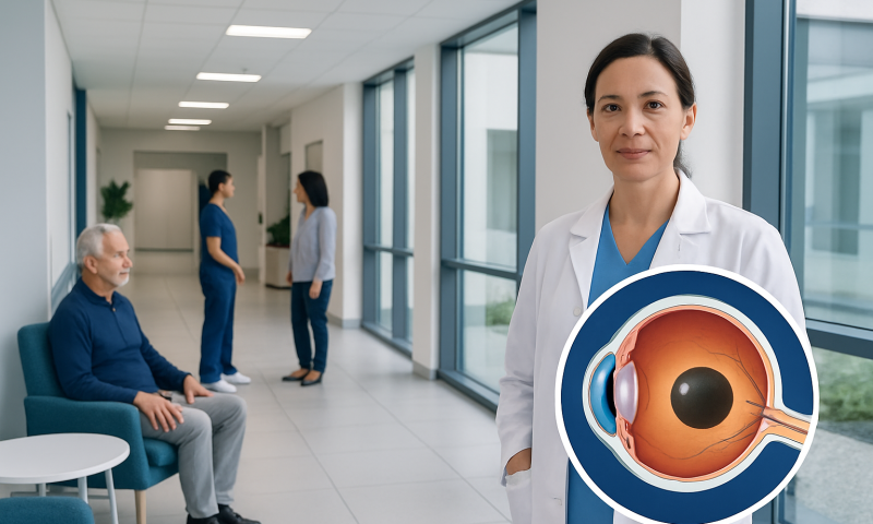 Ophthalmologist holding eye diagram in modern hospital corridor.