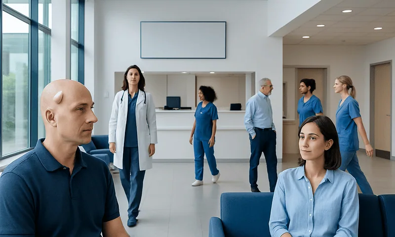 Patients and medical staff in a modern hospital waiting area.