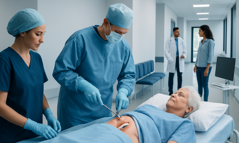 Surgeons perform a hip surgery on an elderly patient in a hospital.