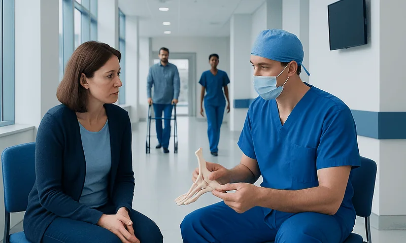 Doctor explaining fallen arches to a patient in a hospital corridor.