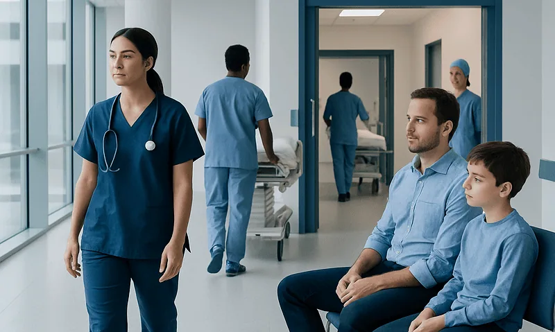 Hospital corridor with medical staff and patients in blue scrubs.