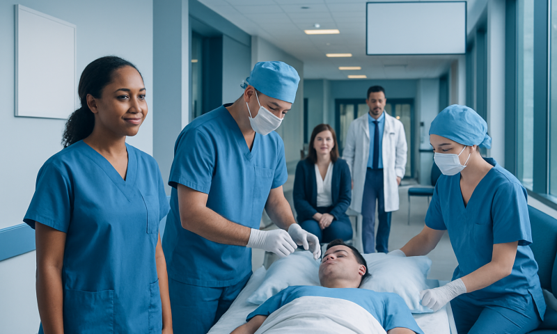 Medical team performs pneumothorax procedure in hospital ward.