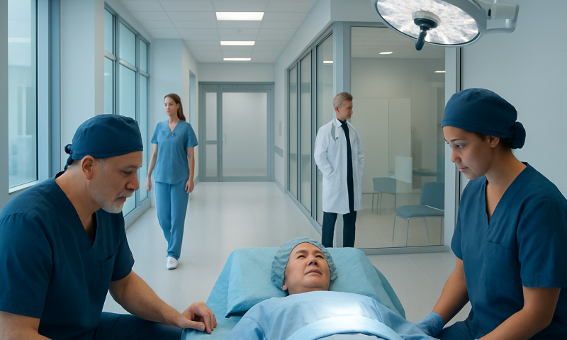Surgeons preparing a patient for surgery in a modern hospital operating room.