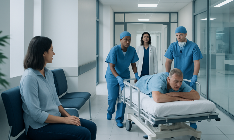 Medical team preparing patient for lower back surgery in hospital corridor.