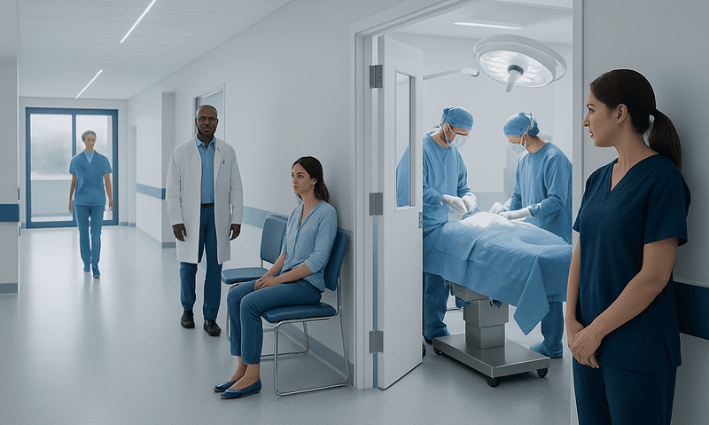 Medical team preparing for appendix surgery in a modern hospital.