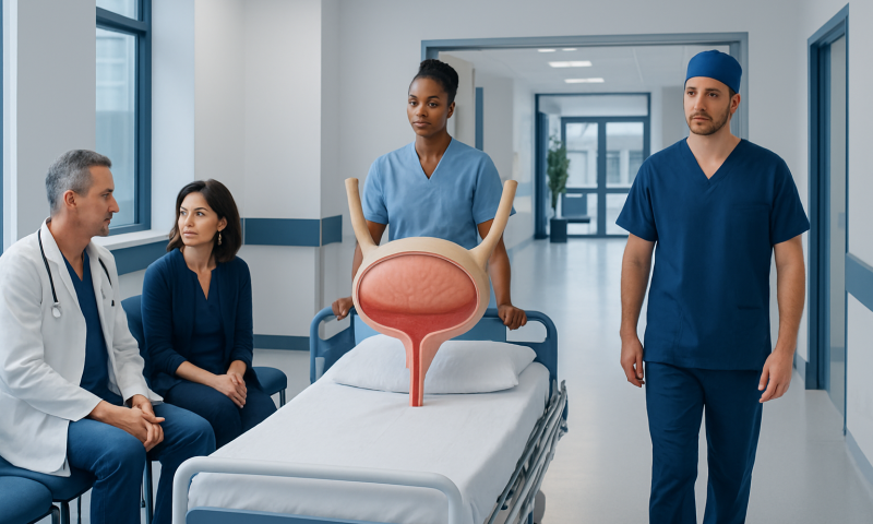 Medical team preparing for bladder surgery consultation in hospital.