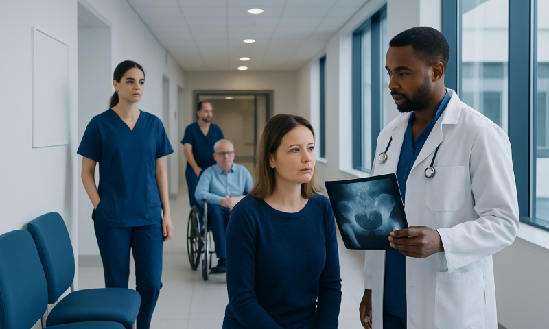 Doctor explaining X-ray results to a patient in hospital corridor.