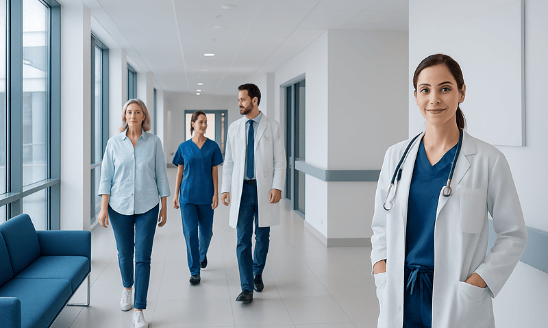 Healthcare professionals walking in a modern hospital corridor.