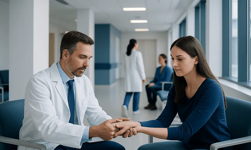 Doctor examining patient's wrist in a hospital corridor.