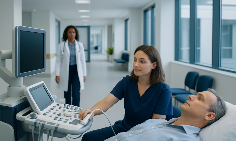 Medical professional performs carotid ultrasound on patient in hospital.
