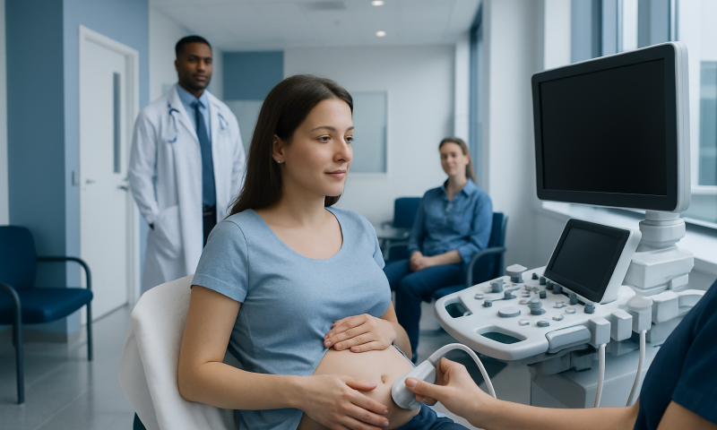 Pregnant woman undergoing an ultrasound at Acibadem Hospital.