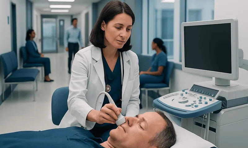 Ultrasound on Eyeball: Preparation, Procedure and Results 5 Doctor performing an eye ultrasound on a patient in a hospital setting.
