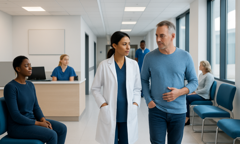Doctor consulting with patient in hospital corridor.