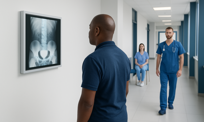 Medical team reviewing bladder X-ray in hospital corridor.