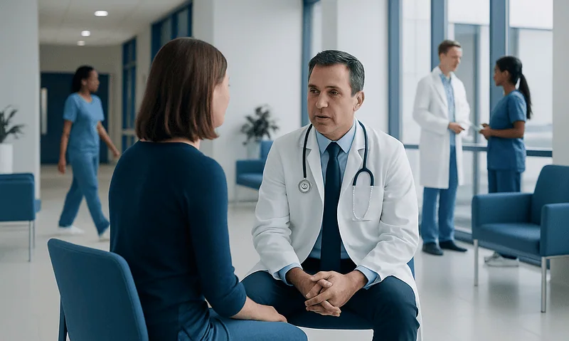 Doctor consulting a patient in a modern hospital waiting area.