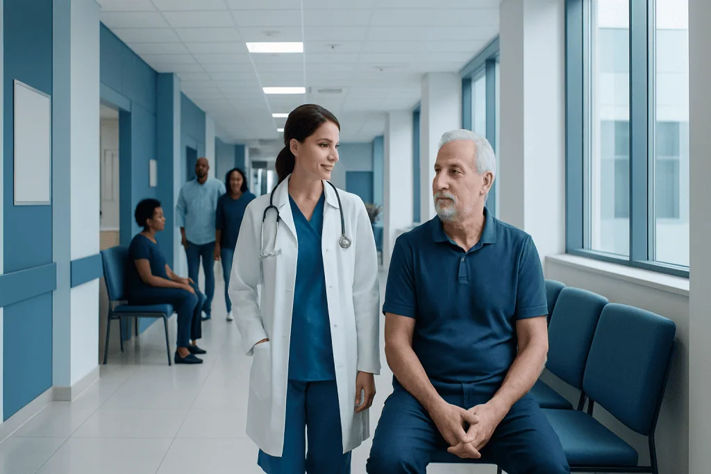 Andropause Low T Treatment: How It Works, Results and What to Expect 1 Doctor consulting with an elderly male patient in a hospital corridor.