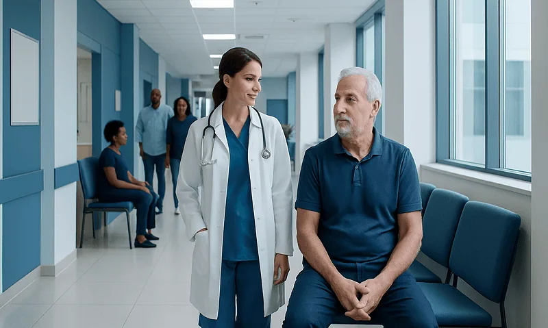 Doctor consulting with an elderly male patient in a hospital corridor.