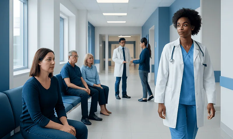 Healthcare professionals and patients in a hospital corridor at Acibadem Hospitals Group.