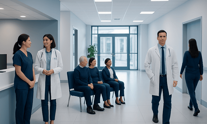 Medical staff and patients in a modern hospital corridor at Acibadem Hospitals Group.