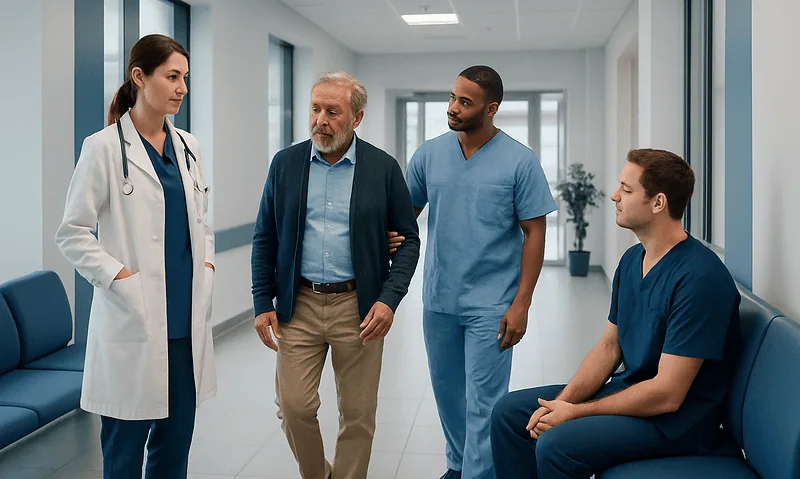 Medical team discussing patient care in hospital corridor.
