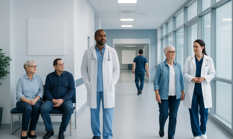 Medical team waiting in hospital corridor with patients and staff.