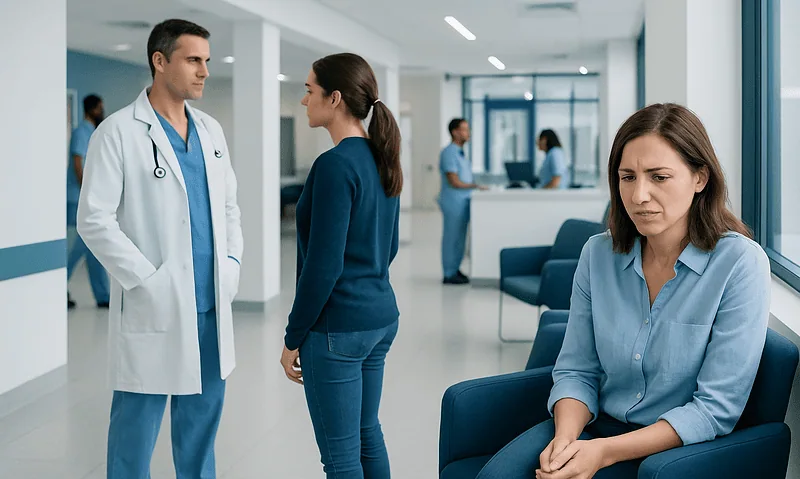 Medical consultation at Acibadem Hospital with doctor and patient in waiting area.