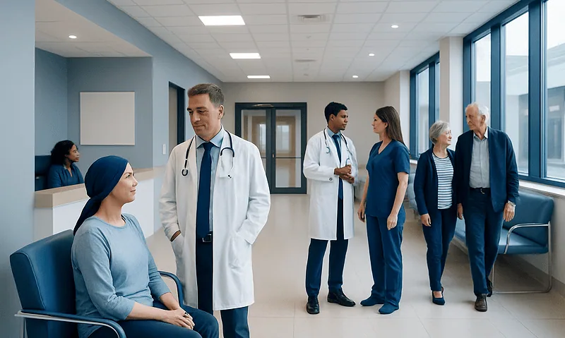 Medical staff and patients in a modern hospital corridor.