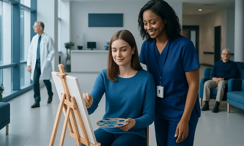 Patient engaging in art therapy with nurse in hospital lobby.