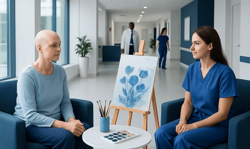 Cancer patient in therapy session with healthcare professional at Acibadem Hospital.