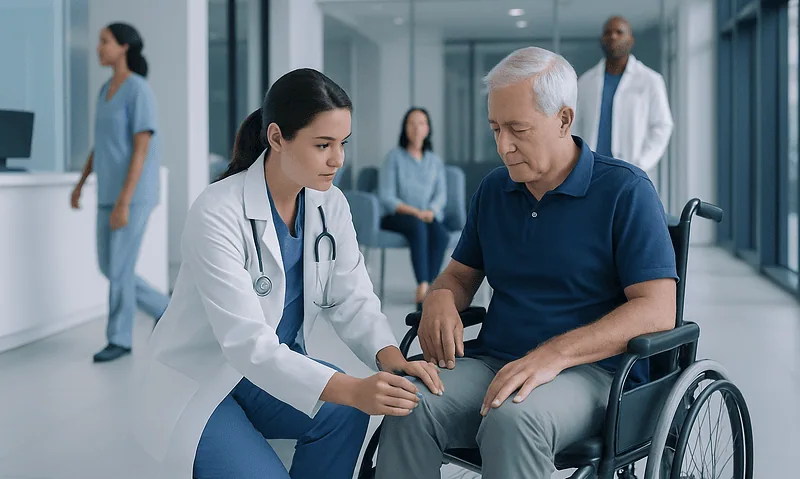 Doctor administering knee injection to elderly patient in wheelchair at hospital.