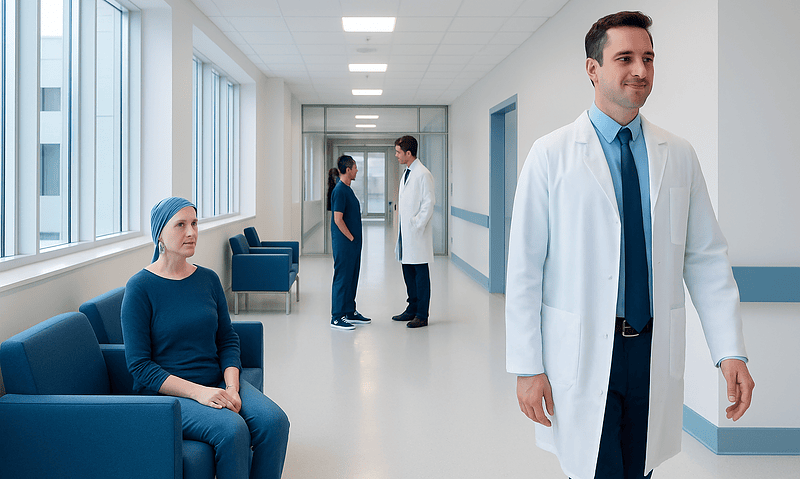 Patient waiting in hospital corridor with medical staff nearby.