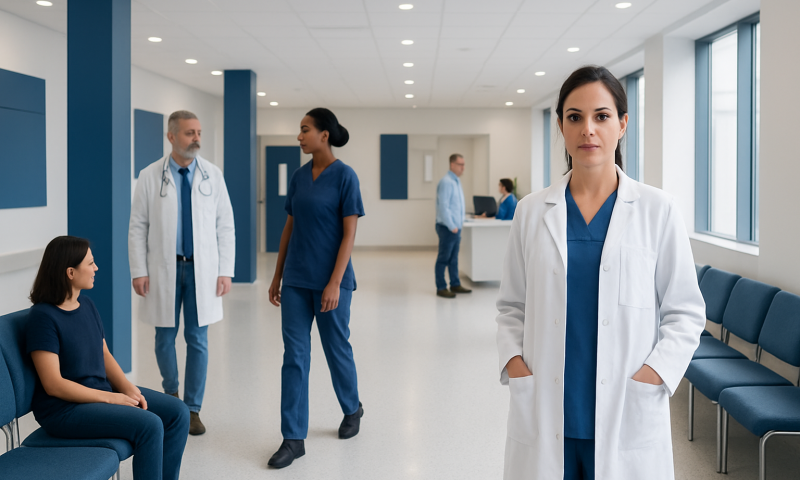 Medical team in hospital corridor with doctor and patient.