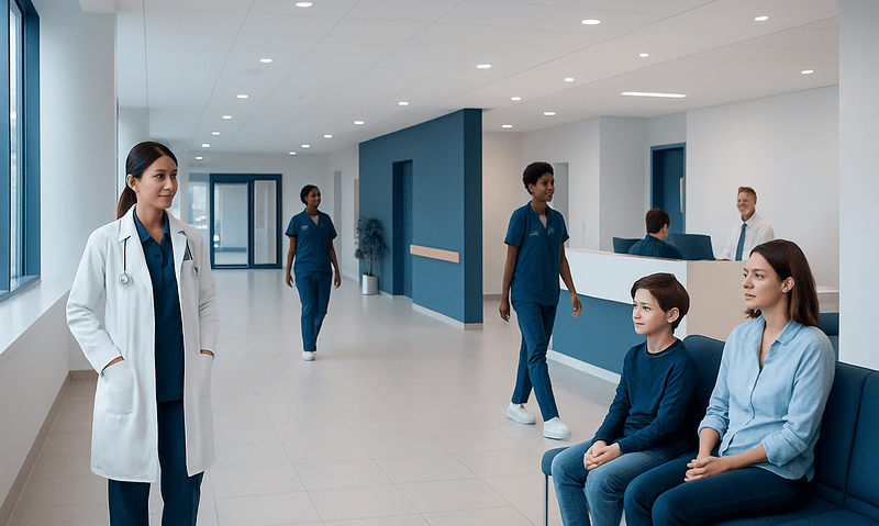 Hospital corridor with medical staff and patients at Acibadem Hospitals Group.