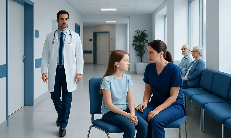 Doctor and nurse consulting young girl in hospital corridor.