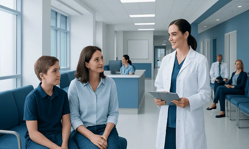 Doctor consulting with young patient and parent in hospital waiting area.