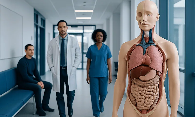 Medical team with anatomical model in hospital corridor.