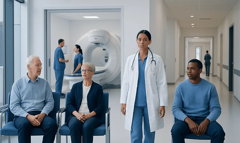Medical professionals and patients in a hospital waiting area with a CT scanner in the background.