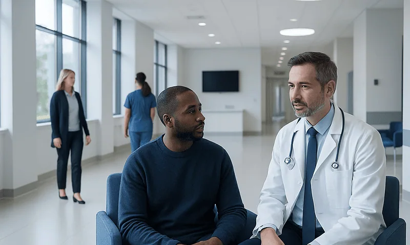 Doctor consulting with patient in modern hospital corridor.