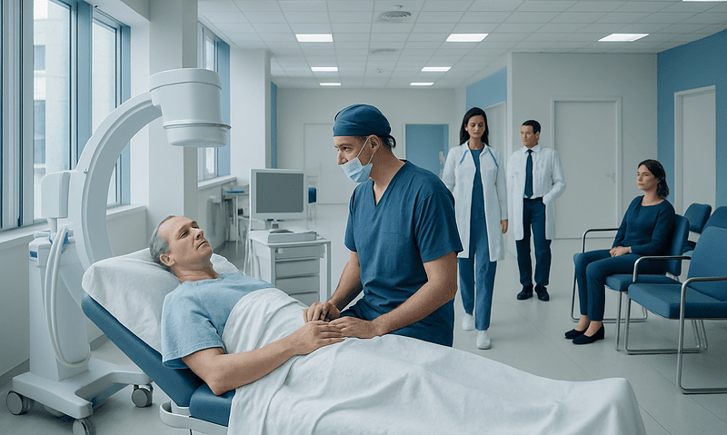 Patient undergoing awake surgery in a hospital operating room.