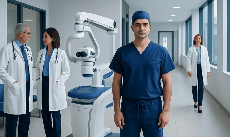 Medical team with advanced surgical equipment in a modern hospital corridor.