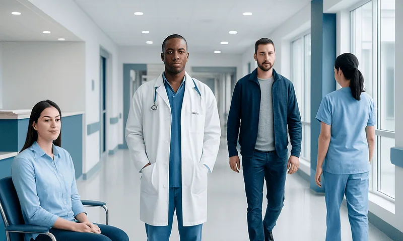Medical team in hospital corridor with doctor and nurses.