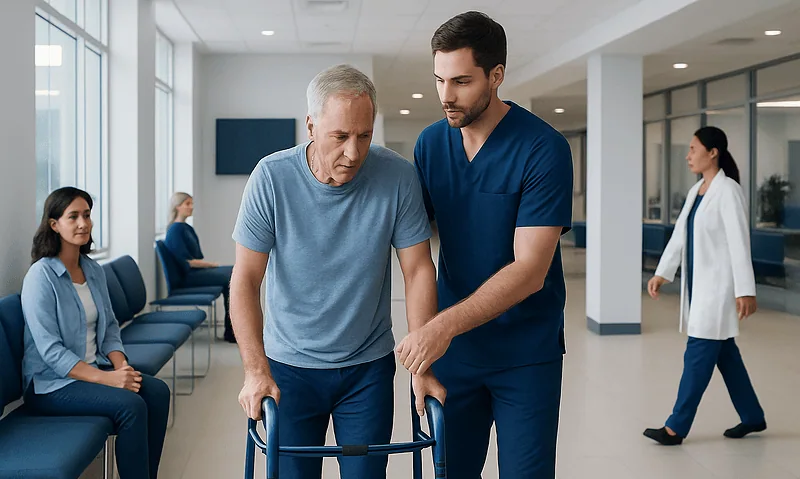 Elderly man receiving physical therapy with a walker at Acibadem Hospital.